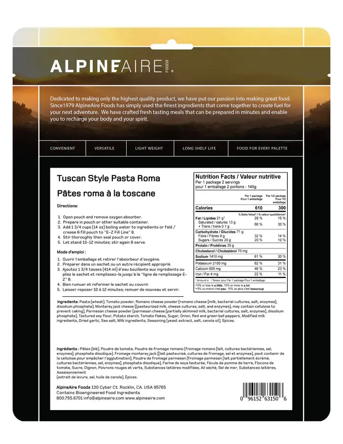 AlpineAire Tuscan Style Pasta Roma - Two Servings