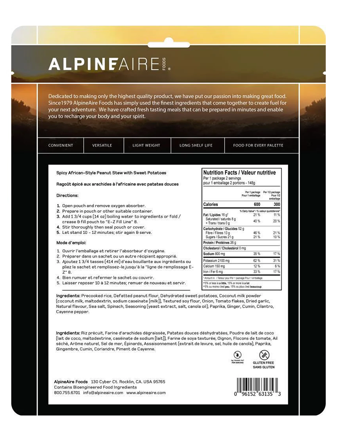 AlpineAire Spicy African Peanut Stew with Sweet Potatoes - Two Servings