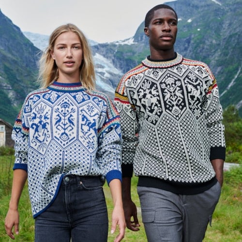 Dale of Norway wool sweaters worn outdoors