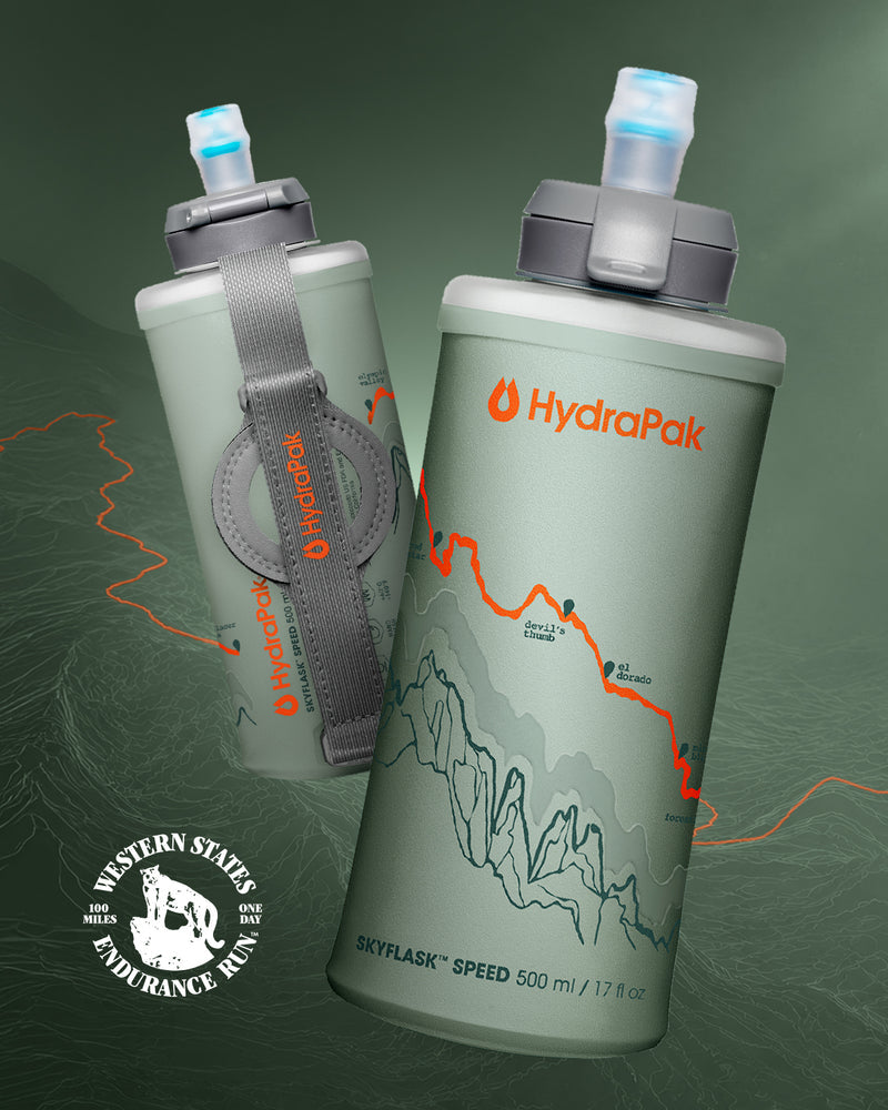 HydraPak soft flasks shown with trail-inspired graphics