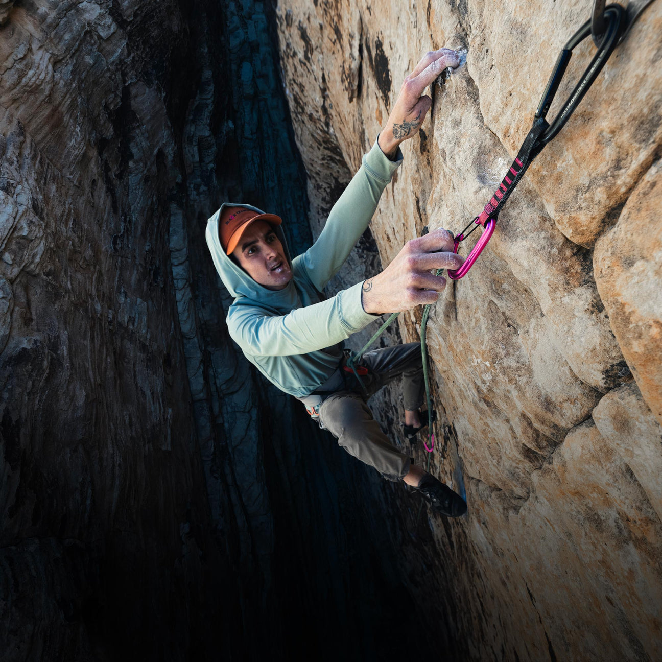 Black Diamond climbing gear in use on rock