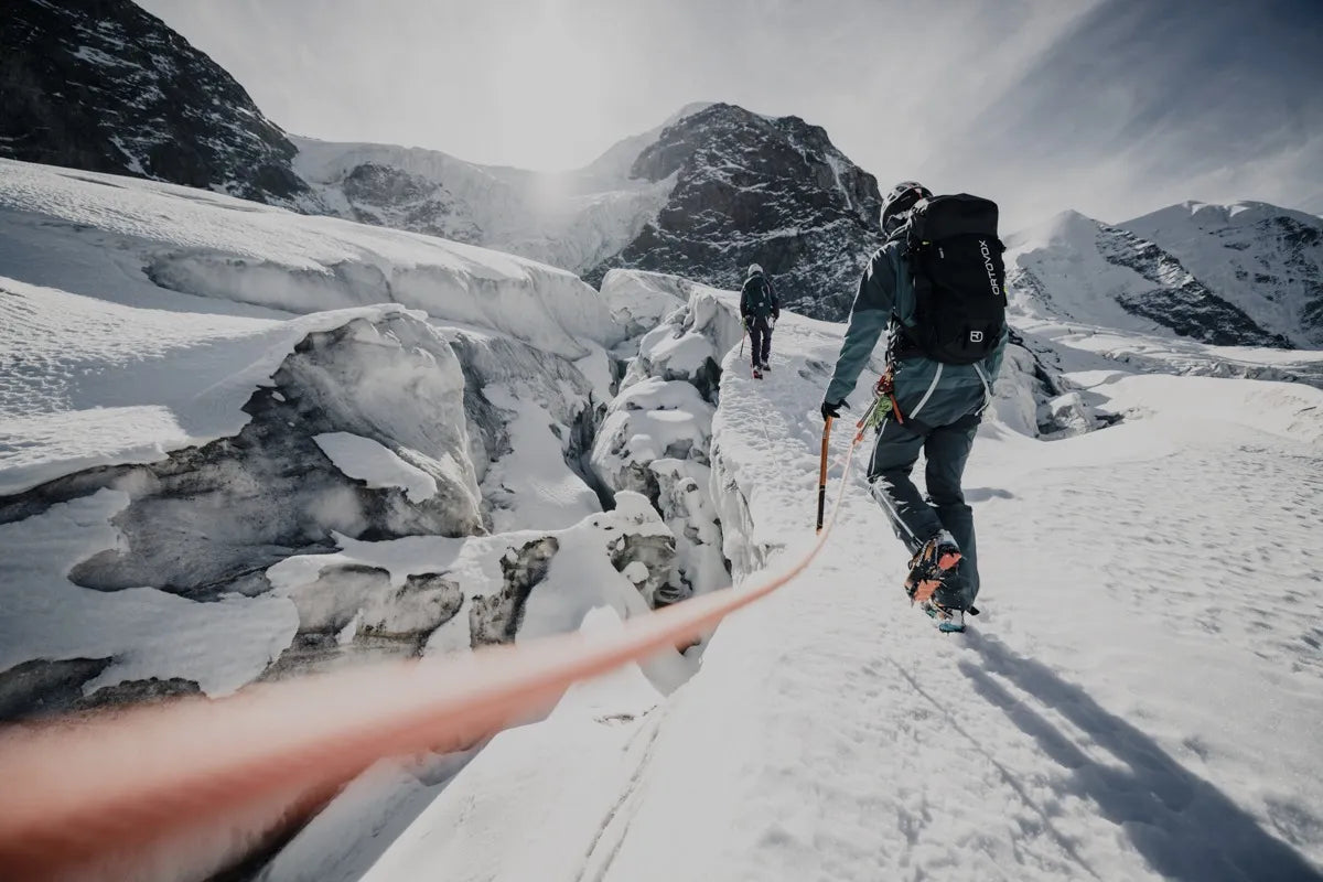 Ortovox mountain safety backpack on glacier terrain