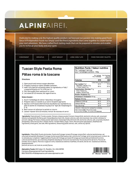 AlpineAire Tuscan Style Pasta Roma - Two Servings