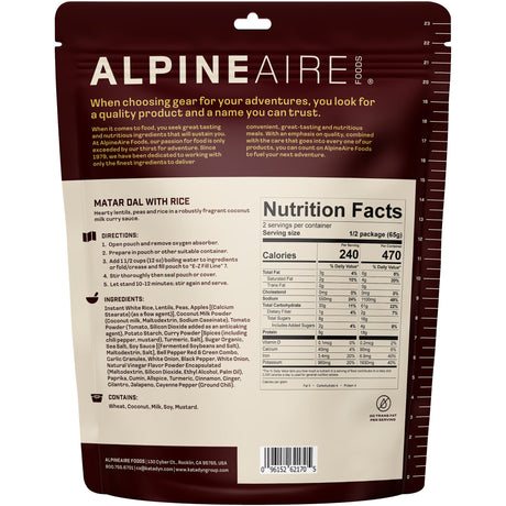 AlpineAire Matar Dal with Rice - Two Servings